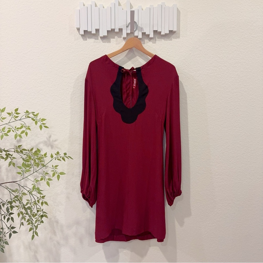 STAUD Wine Red Mini Dress Black Scallop Keyhole Long Sleeve XS - Picture 2 of 6
